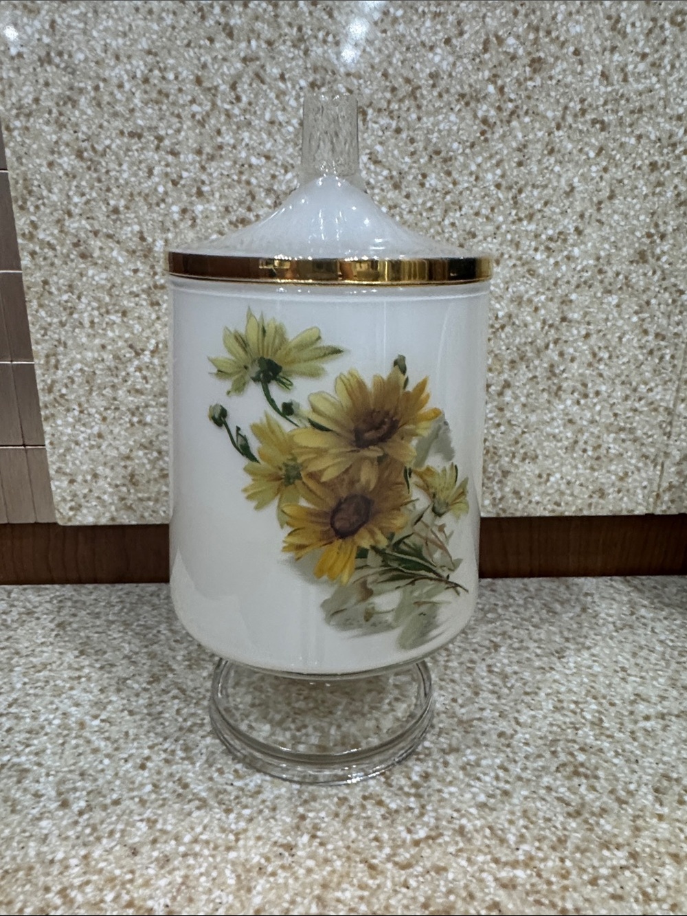 MCM Lidded Apothecary Jar Yellow Daisies  Frosted Glass